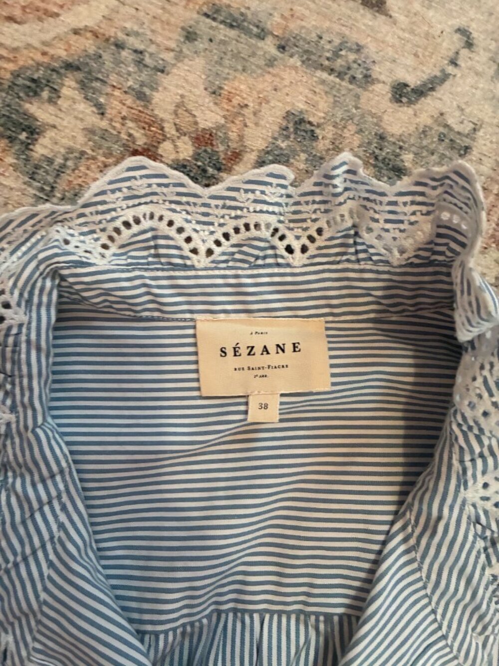 Sezane Chlo Blouse Button Down Shirt Blue Stripe 100% cotton sz 38 or 6 - Picture 8 of 10